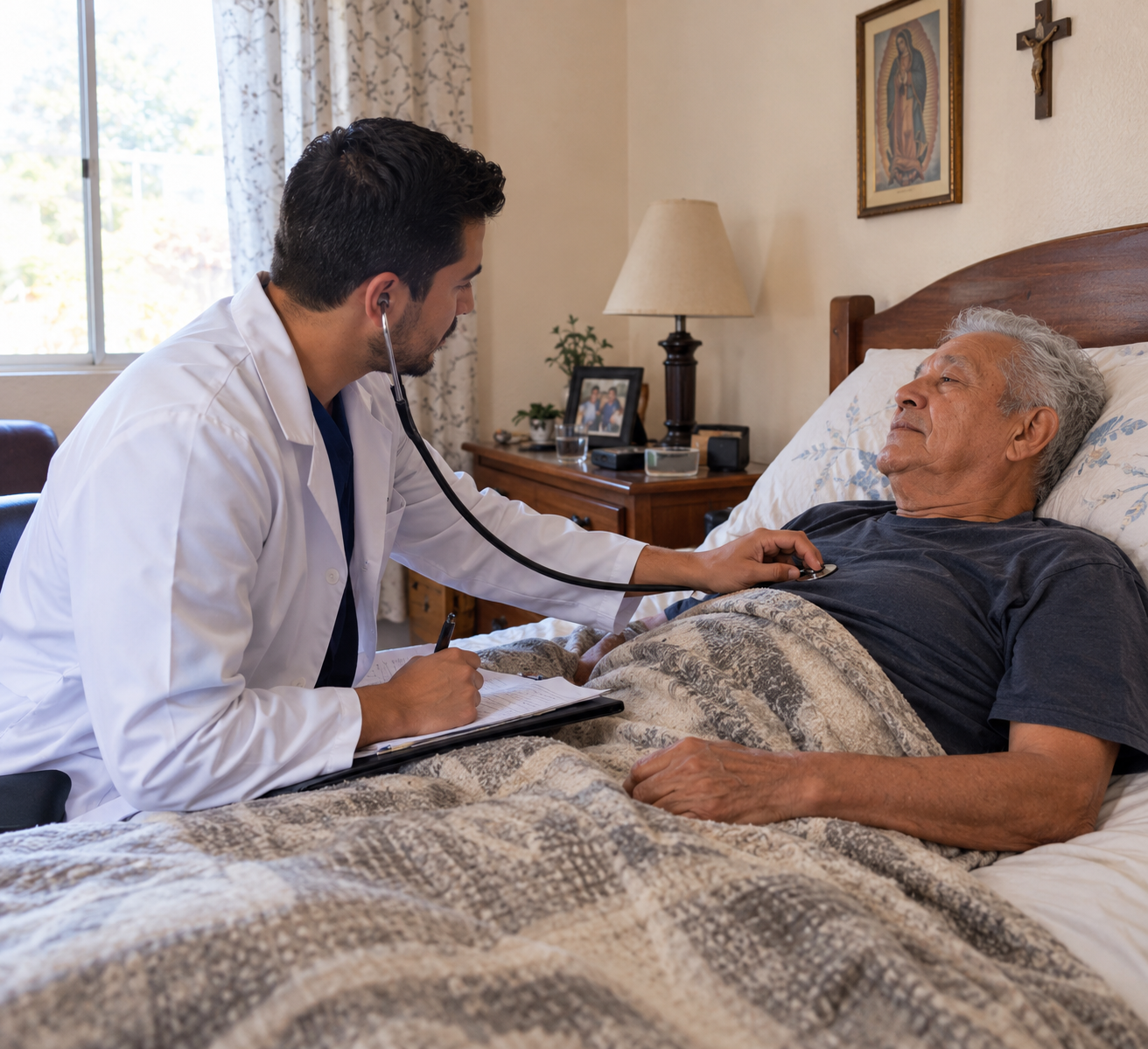 Médico auscultando a un paciente adulto mayor en casa