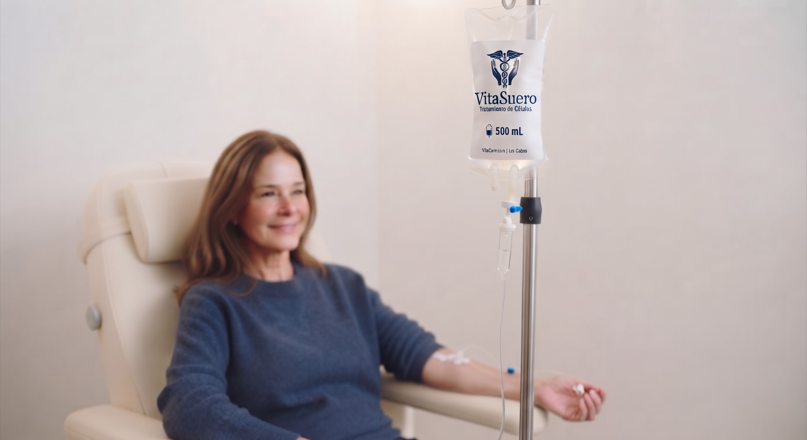 Mujer recibiendo terapia intravenosa junto a una bolsa de suero de VITA CARE